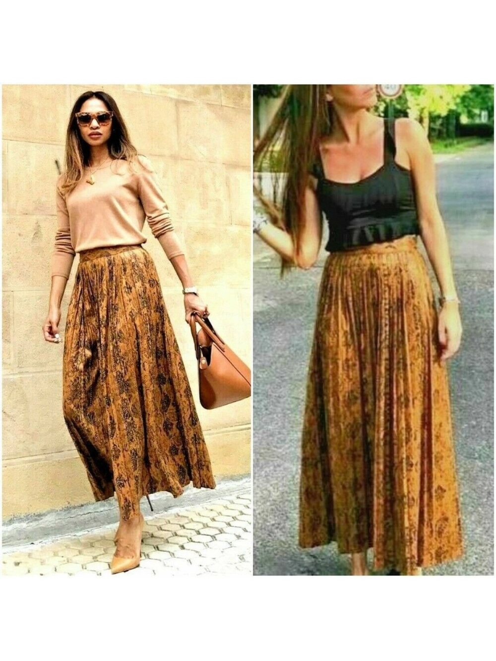 Zara Printed Mustard Brown Maxi Skirt